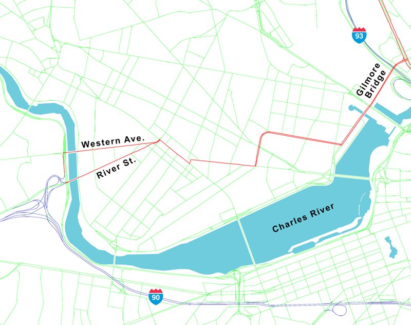 Figure 3 is a map of Cambridge and parts of Charlestown. The Gilmore Bridge, Western Avenue, and River Street have been highlighted as CUFCs